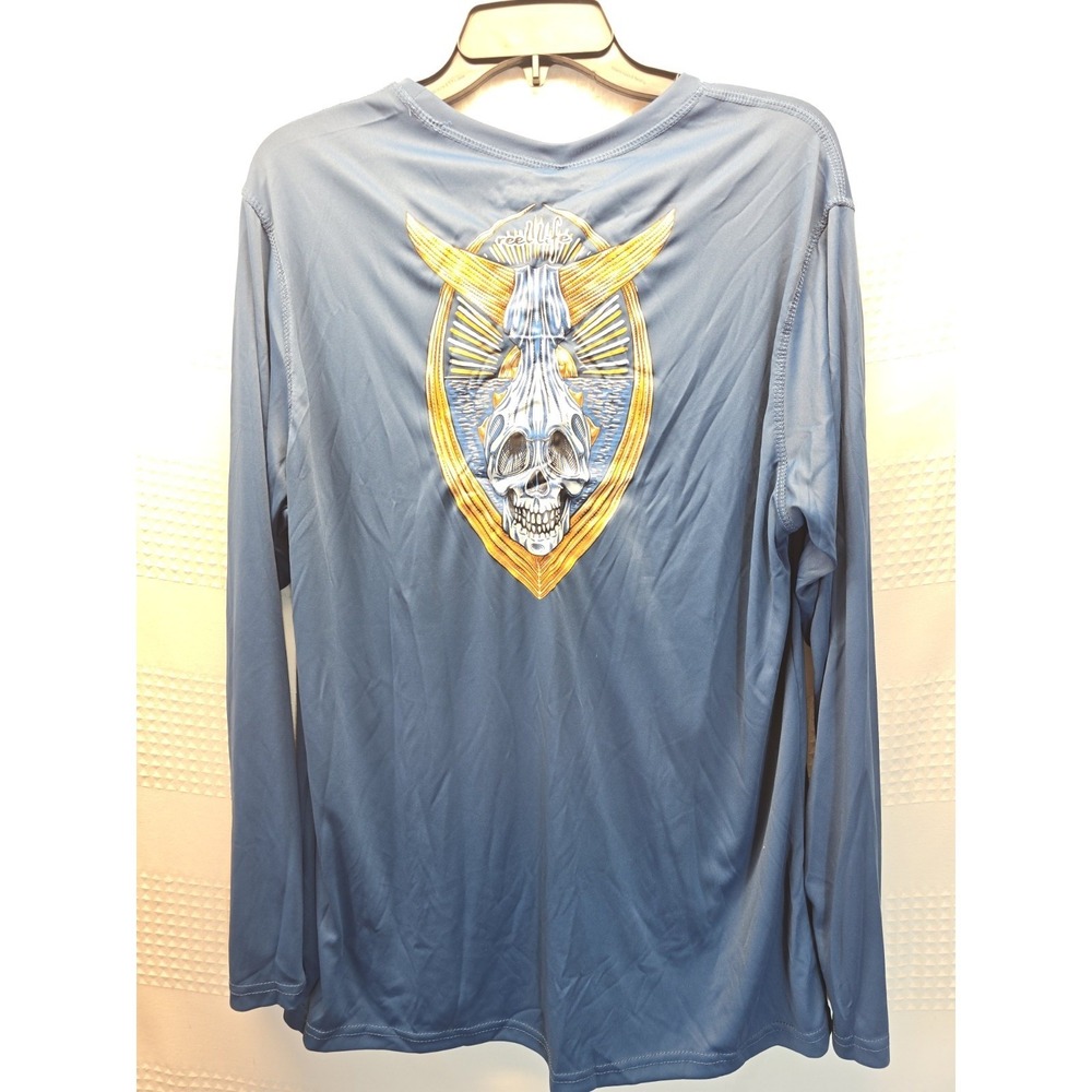 Reel Life Sun Shirt Mens Large Blue Skull Fishing Long Sleeve Performance Tee
